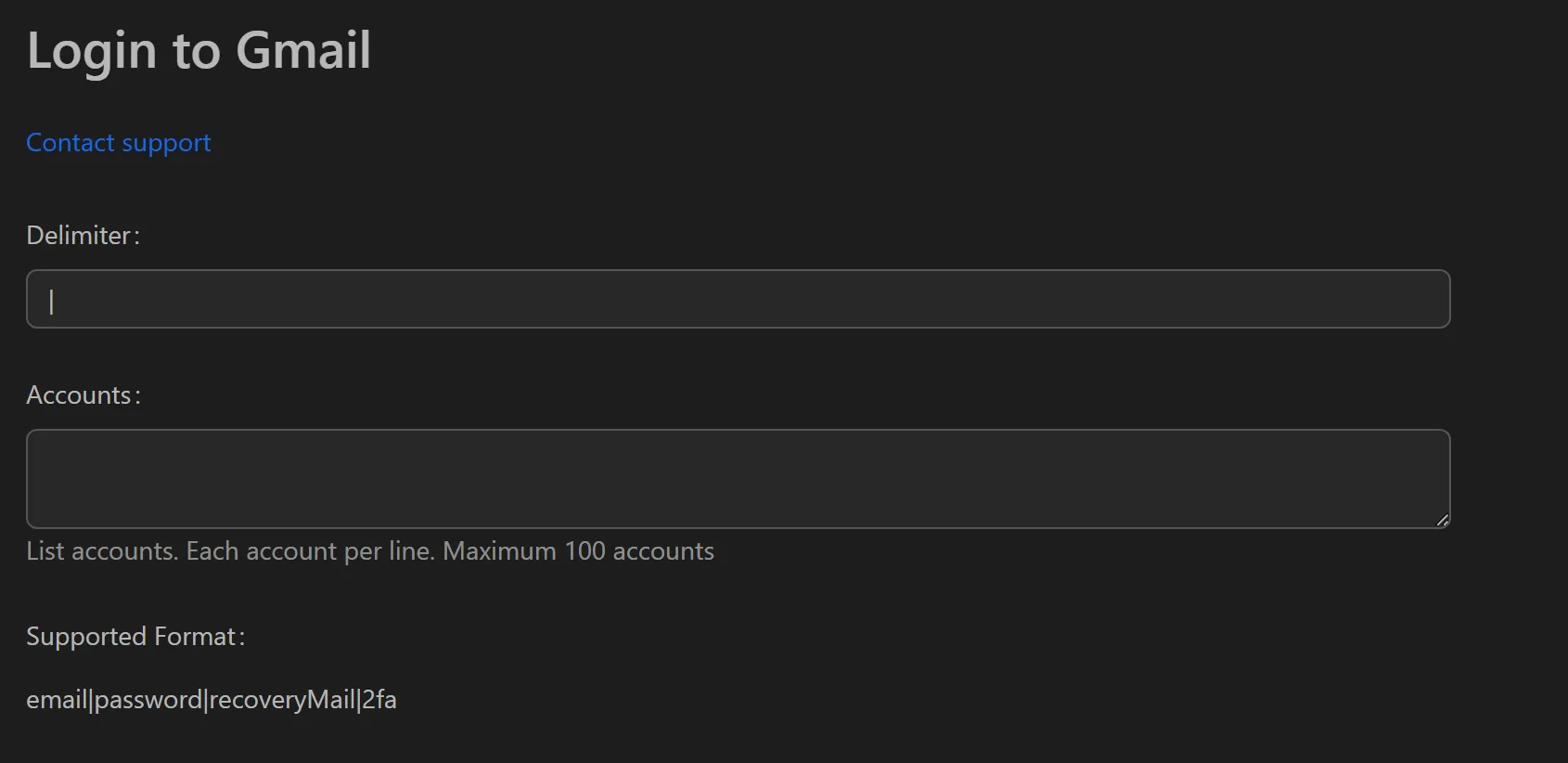 Gmail auto-login tool interface showing account list and status