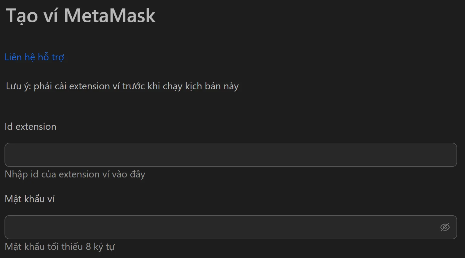 Giao diện tool tạo ví MetaMask hàng loạt