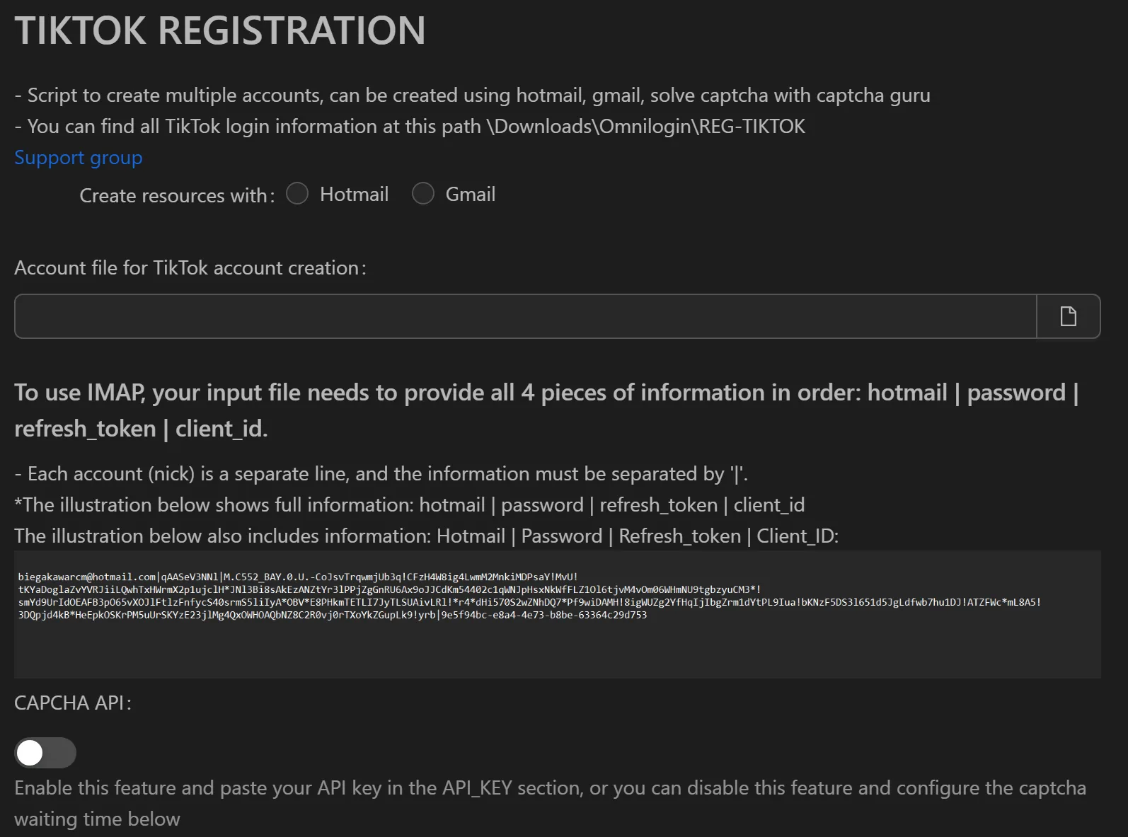 TikTok bulk account creation interface in Omnilogin