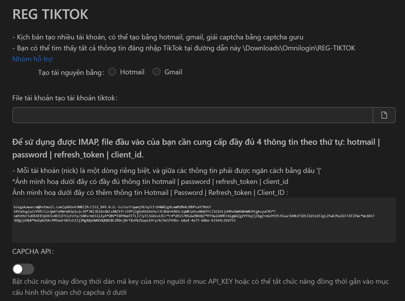 Giao diện tool tạo tài khoản TikTok hàng loạt trên Omnilogin