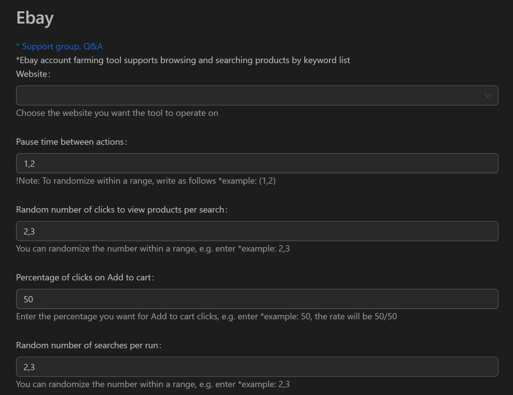 eBay account nurturing tool interface in Omnilogin