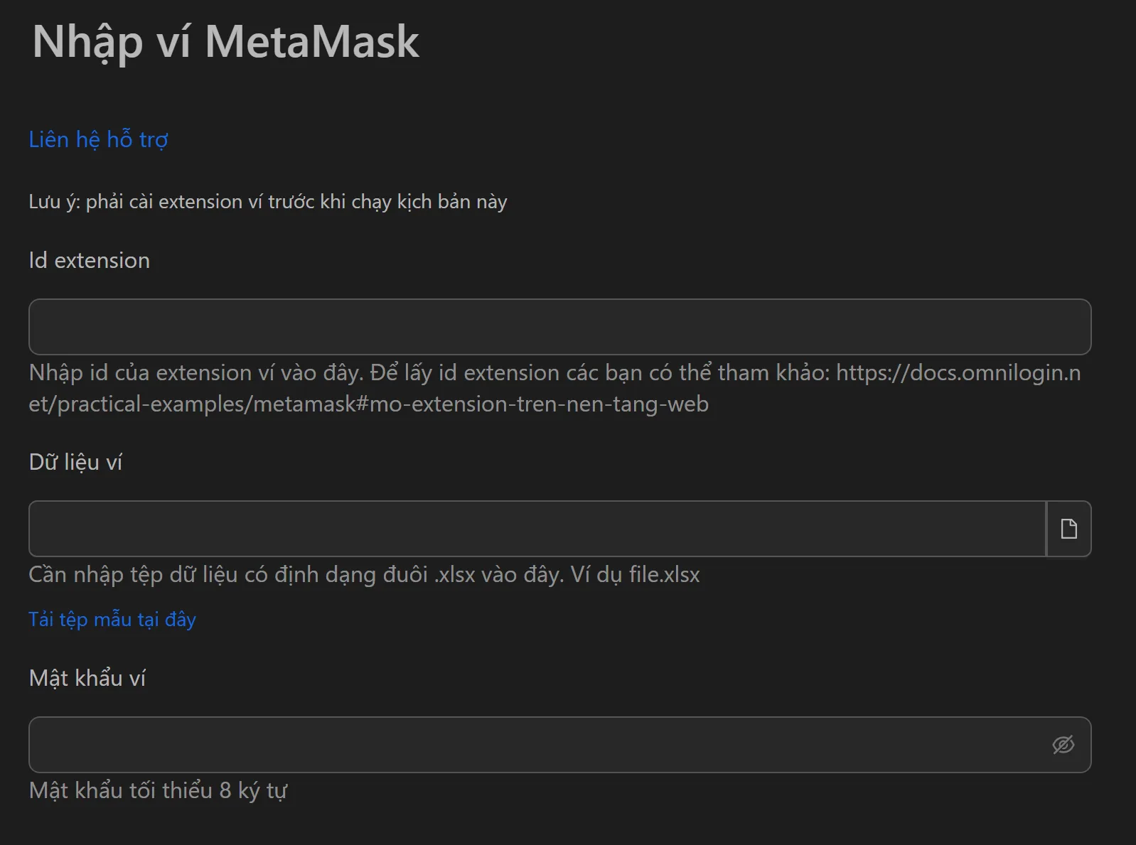 Giao diện tool nhập ví MetaMask hàng loạt