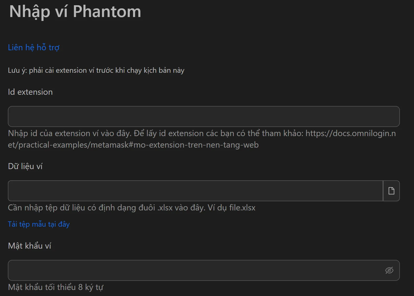 Giao diện tool nhập ví Phantom hàng loạt