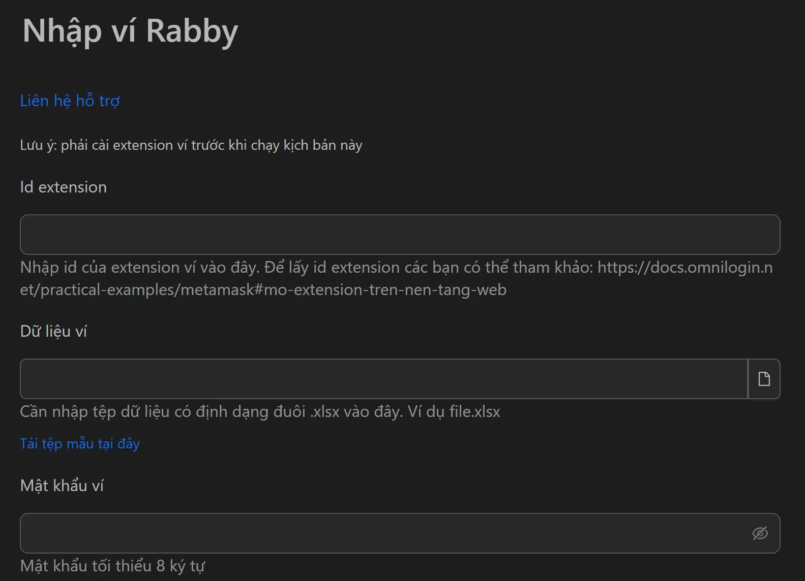 Giao diện tool nhập ví Rabby hàng loạt