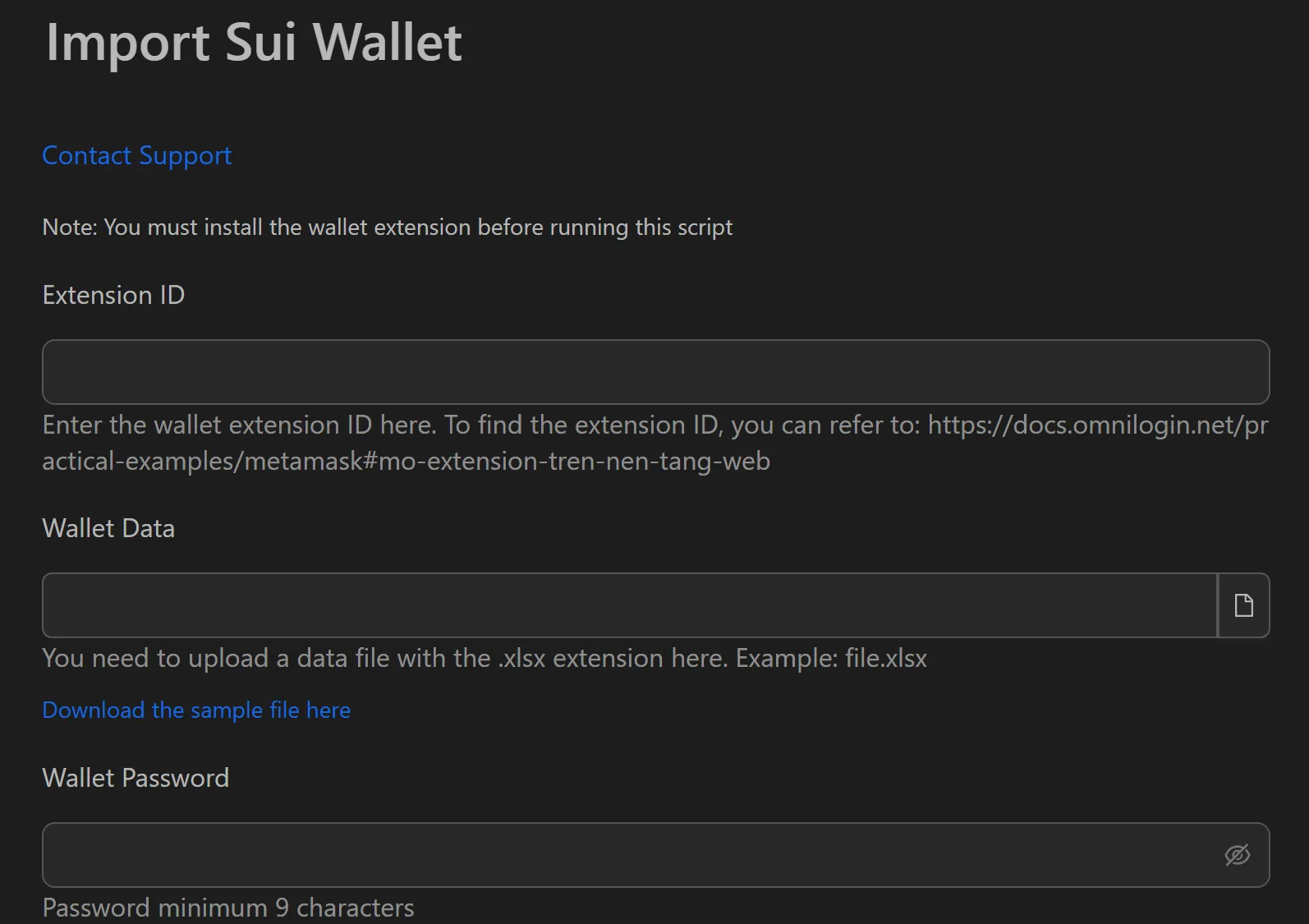 Sui wallet import workflow attributes