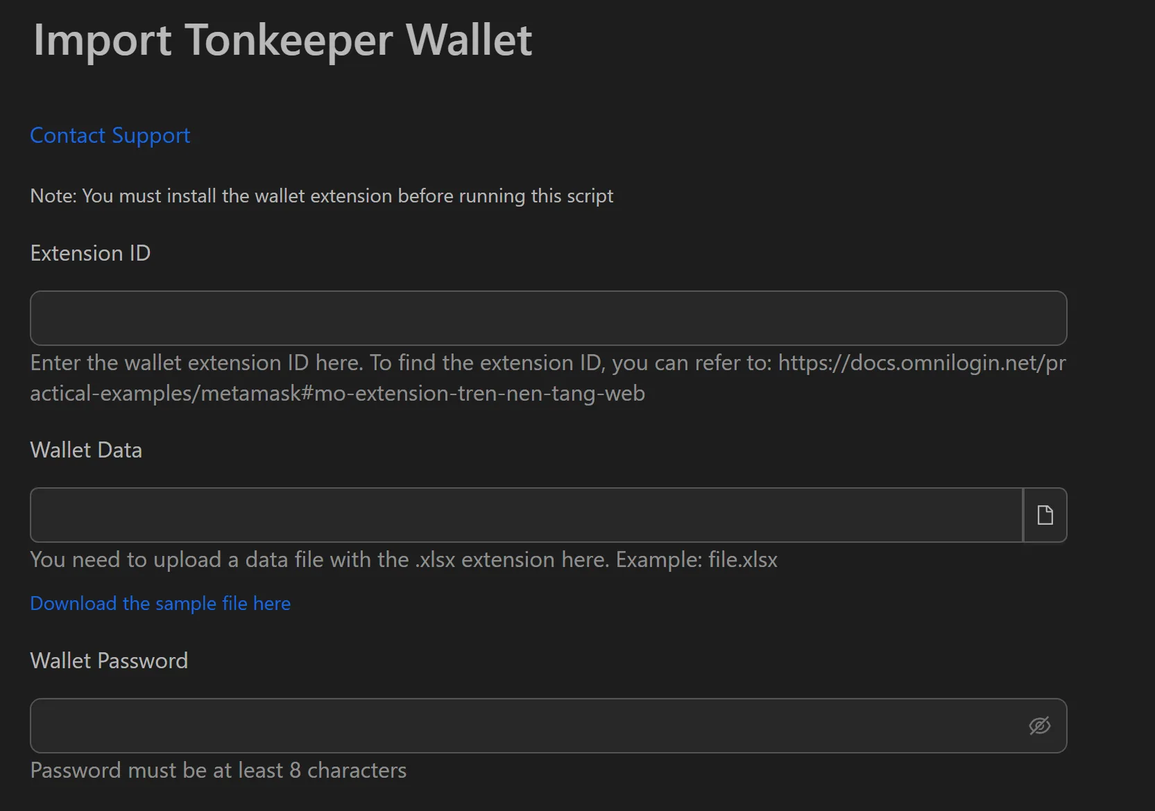 Tonkeeper wallet import tool interface showing seed phrase input and threading options