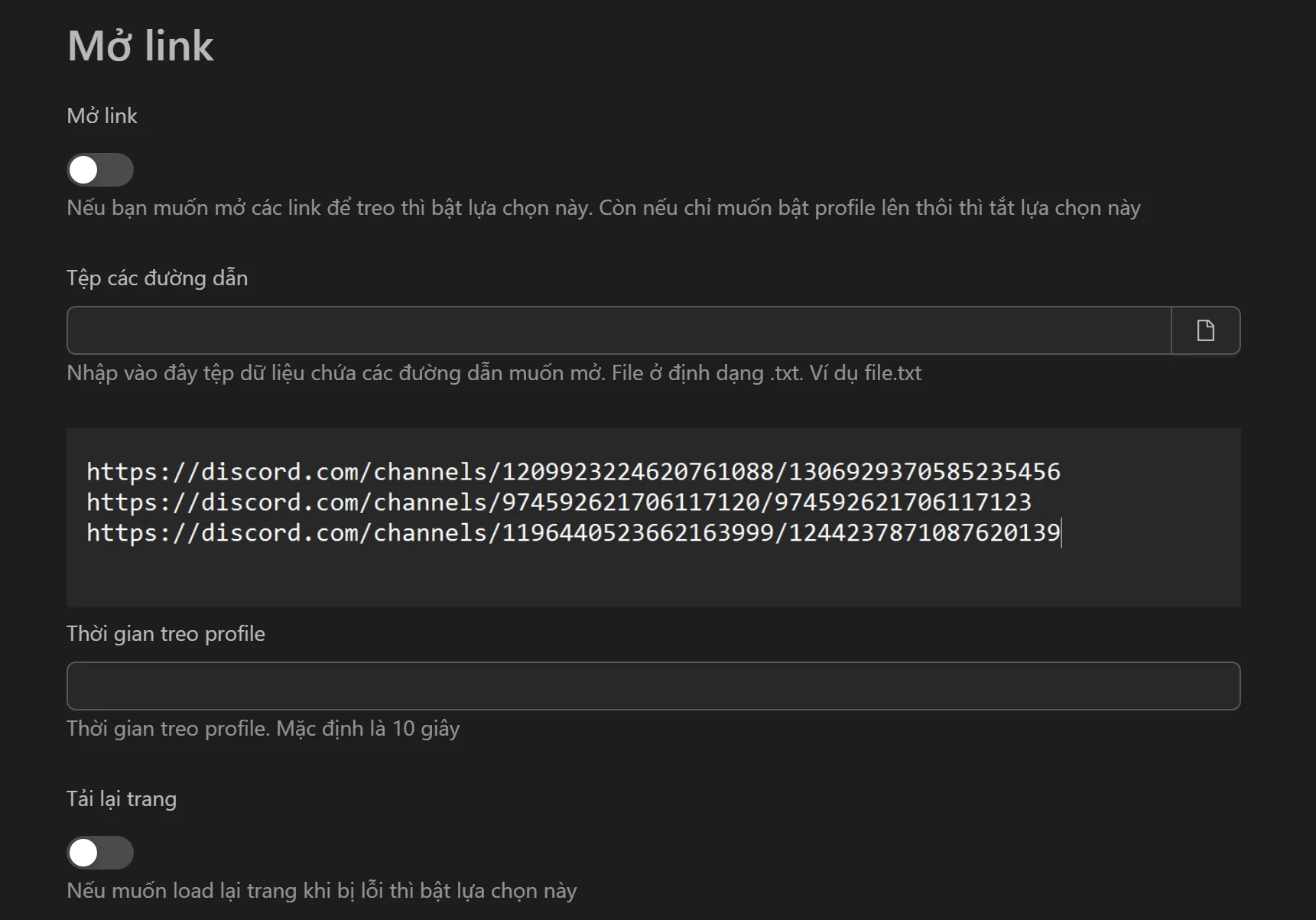 Giao diện tool treo profile mở link tự động