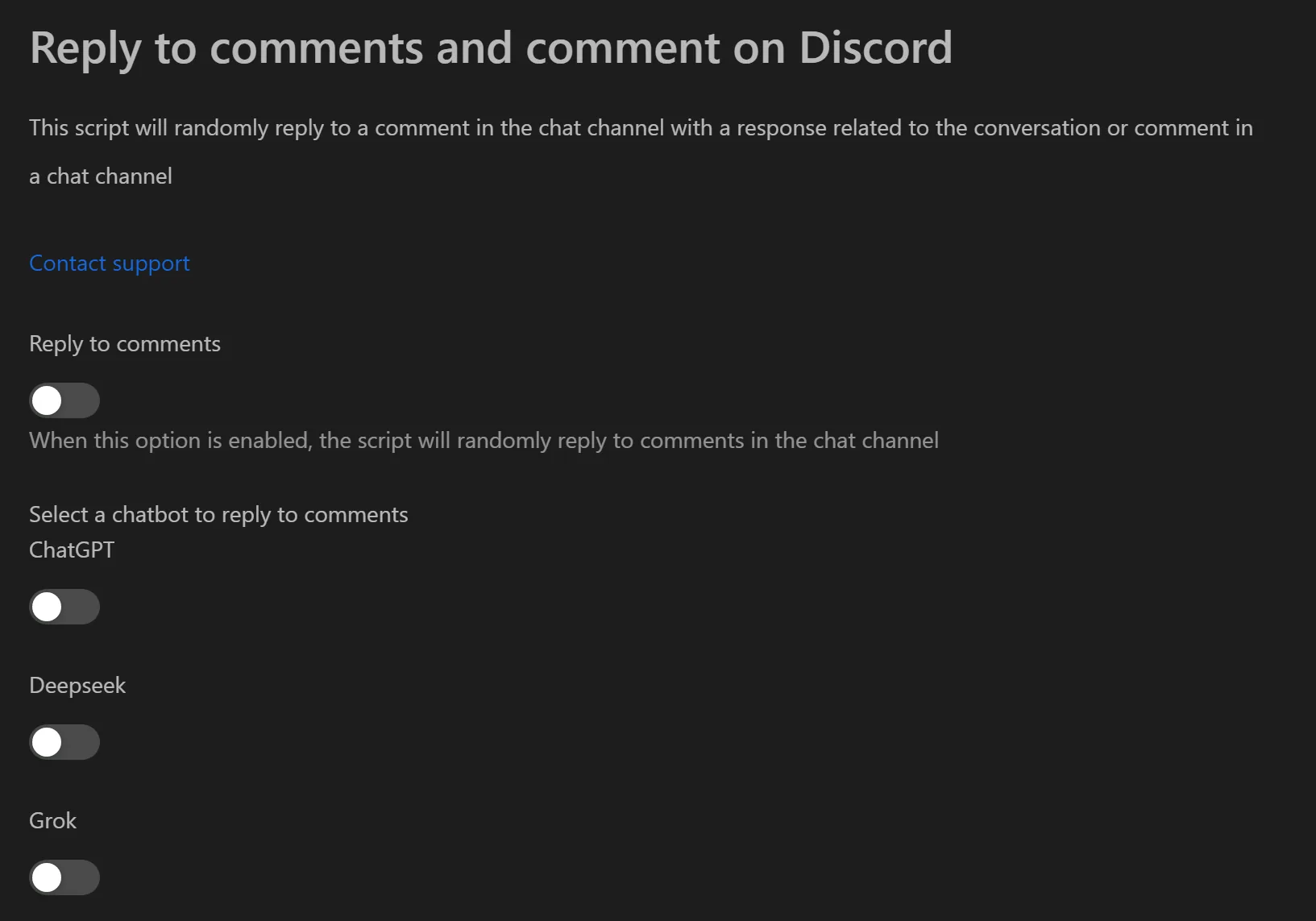 Discord automation tool interface showing AI model selection and comment/reply modes