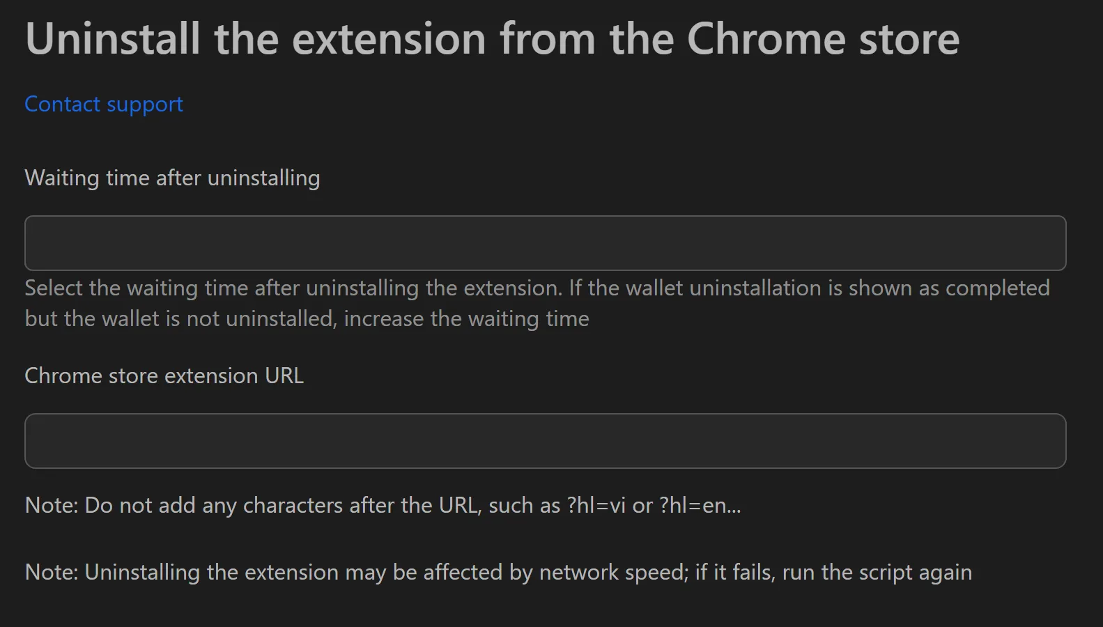 Chrome extension uninstall tool interface with URL input and thread settings