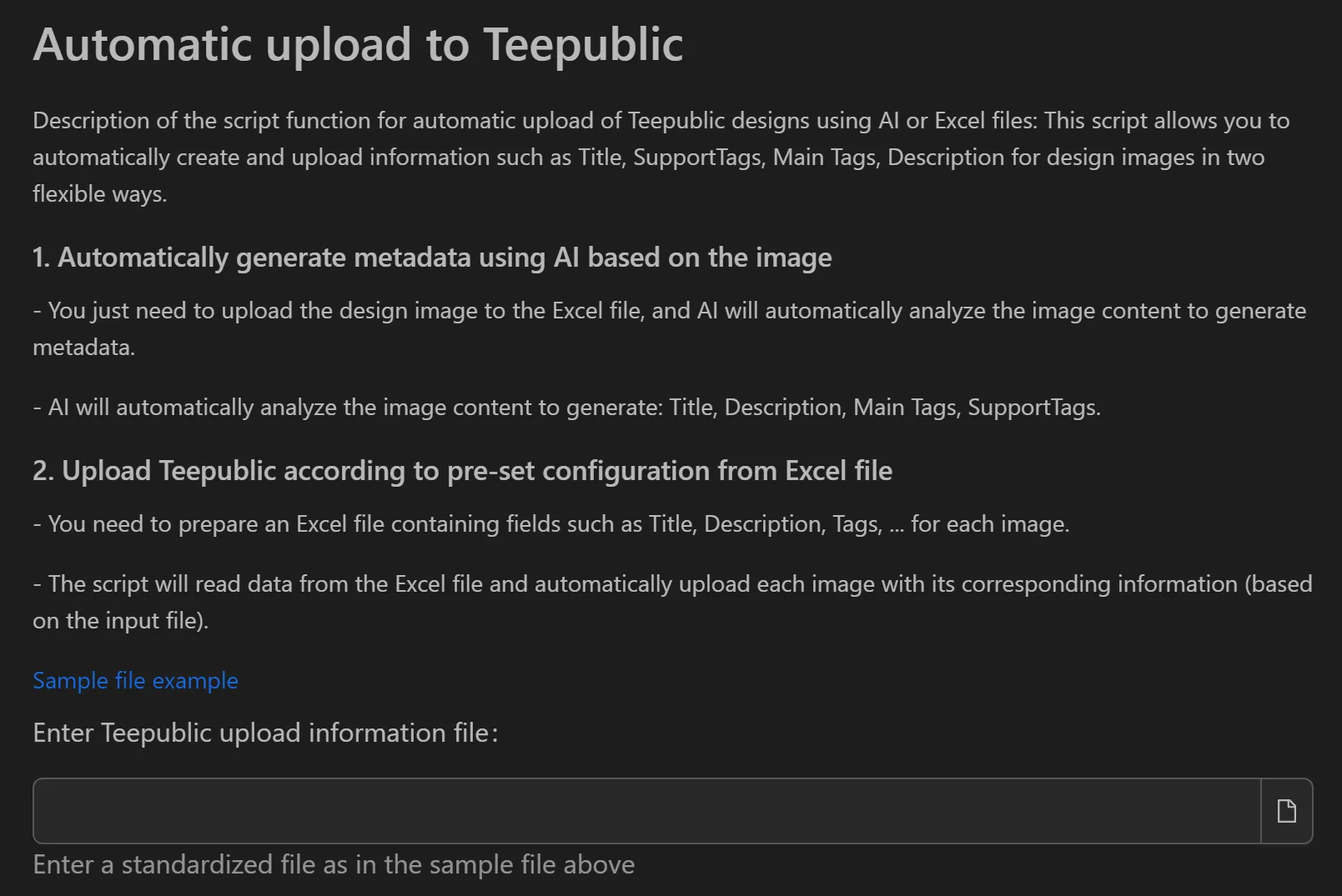 TeePublic upload tool interface showing AI mode and Excel upload options