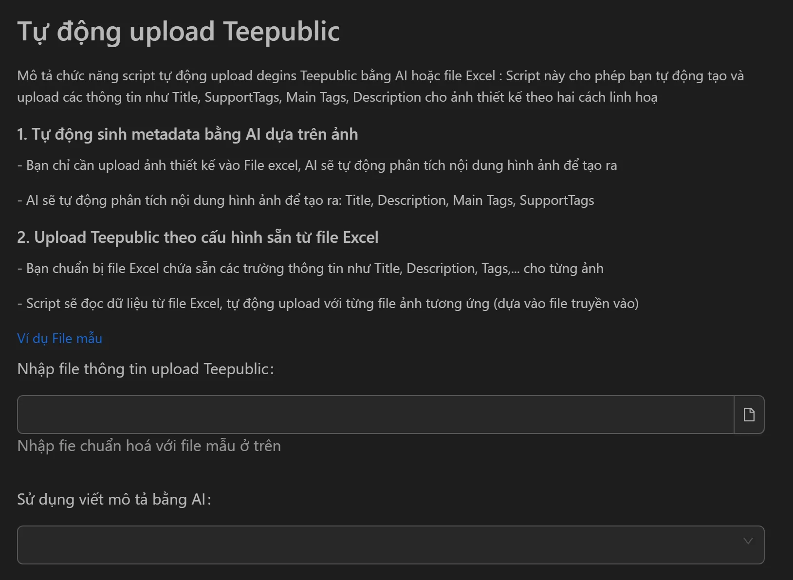 Giao diện tool upload TeePublic tự động
