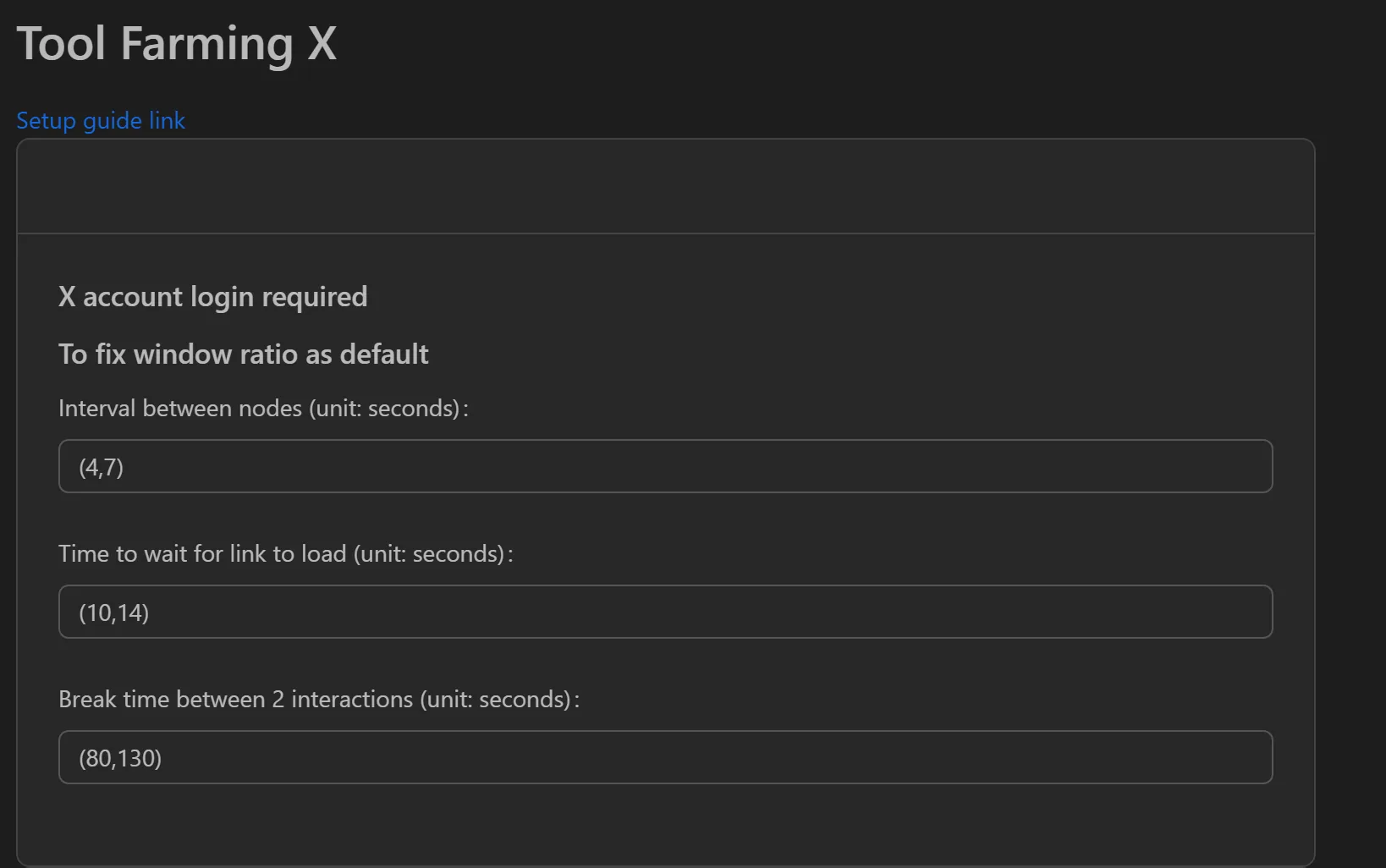 X farming tool interface showing interaction modes and timing configuration