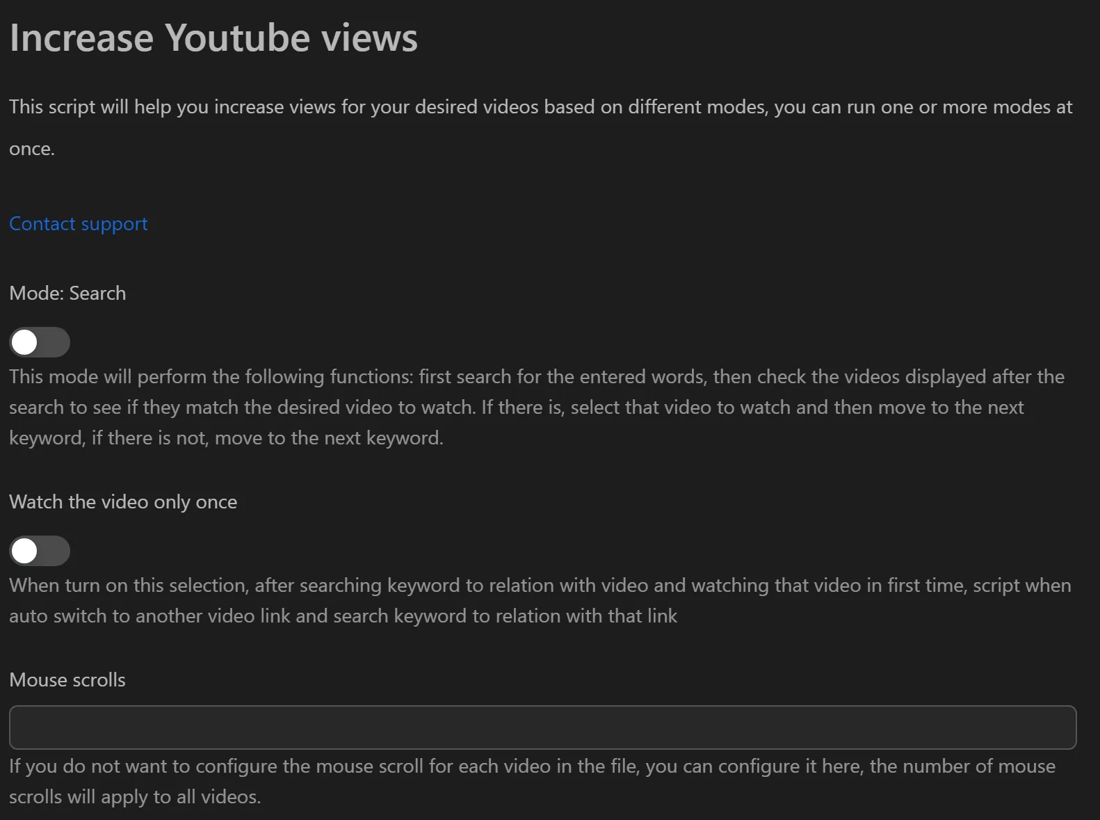YouTube view farming tool interface showing mode selection and video configuration